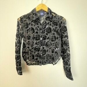 GAP Women's XS Petite Sheer Black Floral Burnout Button Up Long Sleeve Blouse